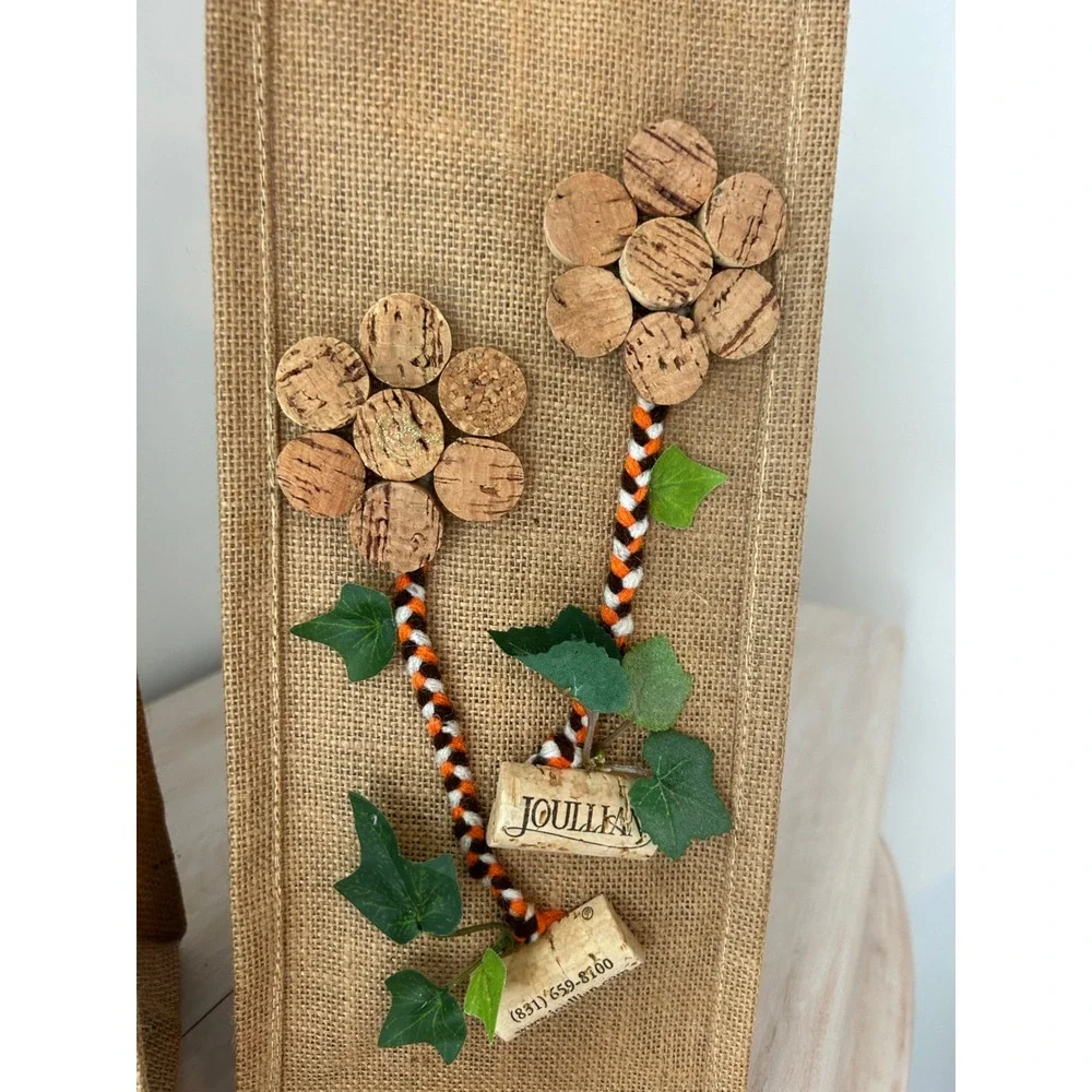 Joullian‎ Vineyards Burlap Wine Gift Bags Set Cork Flower Decor Rustic Jute 2pc
